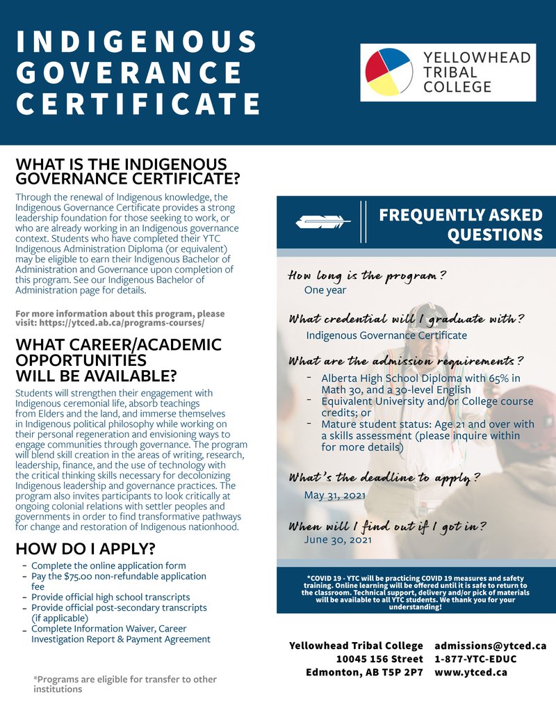 Indigenous Governance Certificate Yellowhead Tribal College